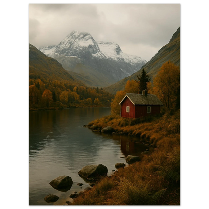 Red Cabin by the Lake: A Serene Autumn Mountain Landscape Poster