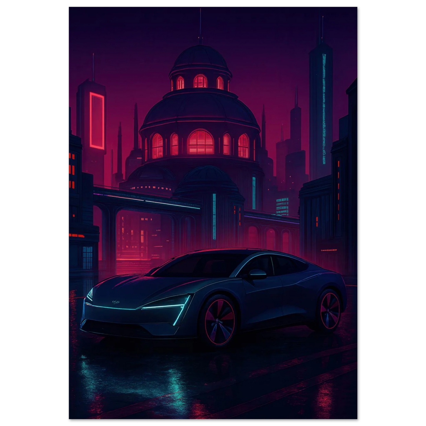 Futuristic Cyberpunk Bil Art Print – Neonstad Nattscen med Elbil