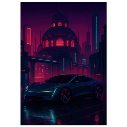 Futuristic Cyberpunk Bil Art Print – Neonstad Nattscen med Elbil