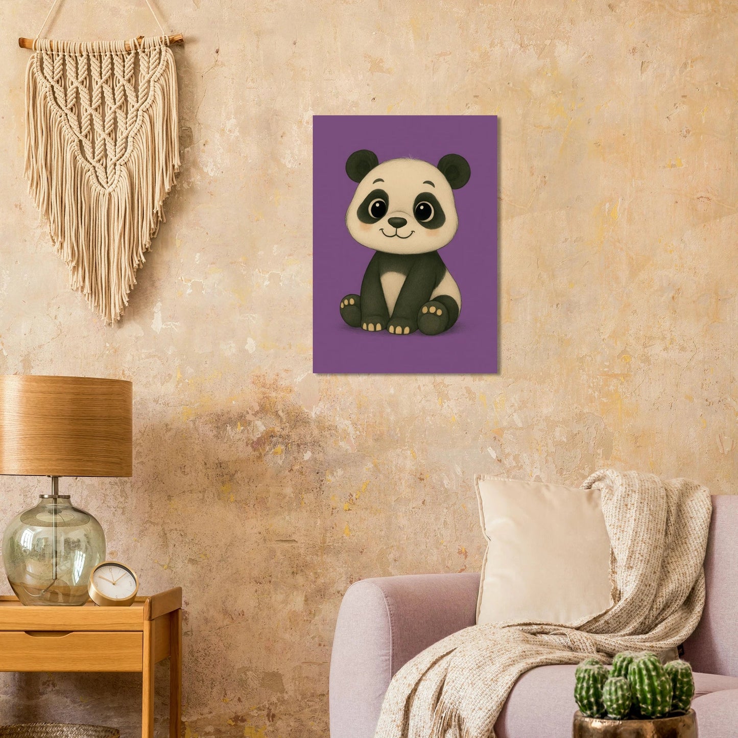 Söt Panda Konstaffisch: Lekfullt Djurporträtt på Lila Bakgrund – Perfekt för Barnrummet eller Gåva