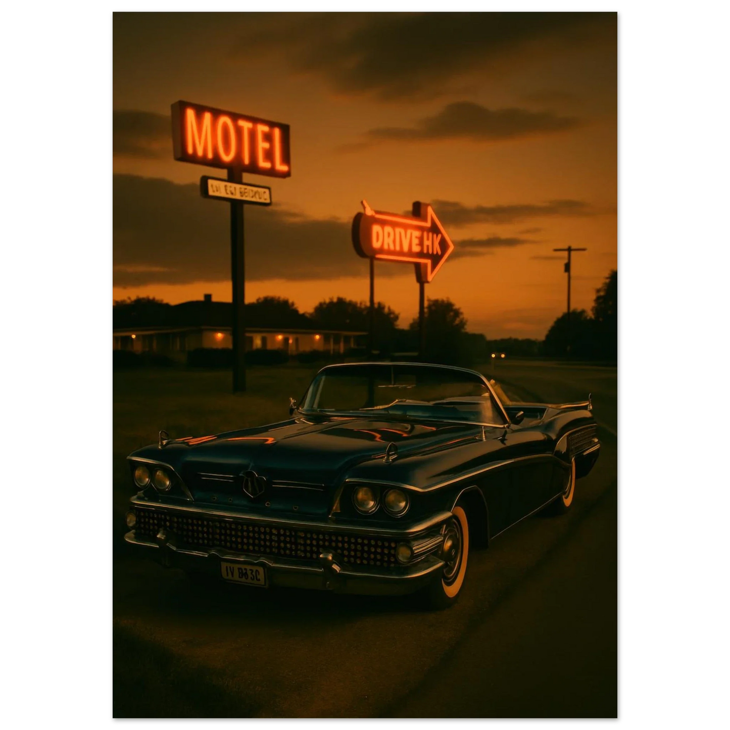 Vintage Sunset Motel Drive: Classic Car Poster - Timeless Retro Vibes