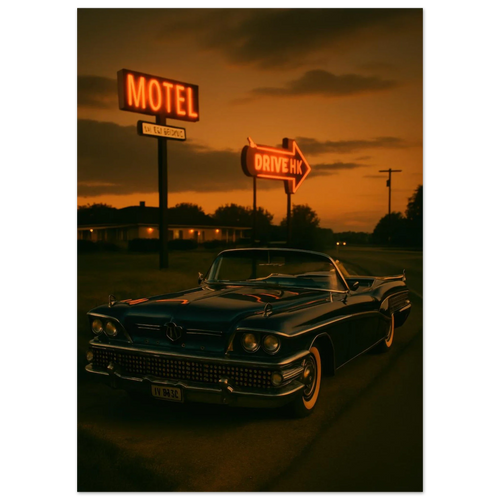 Vintage Sunset Motel Drive: Classic Car Poster - Timeless Retro Vibes