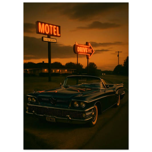 Vintage Sunset Motel Drive: Classic Car Poster - Timeless Retro Vibes
