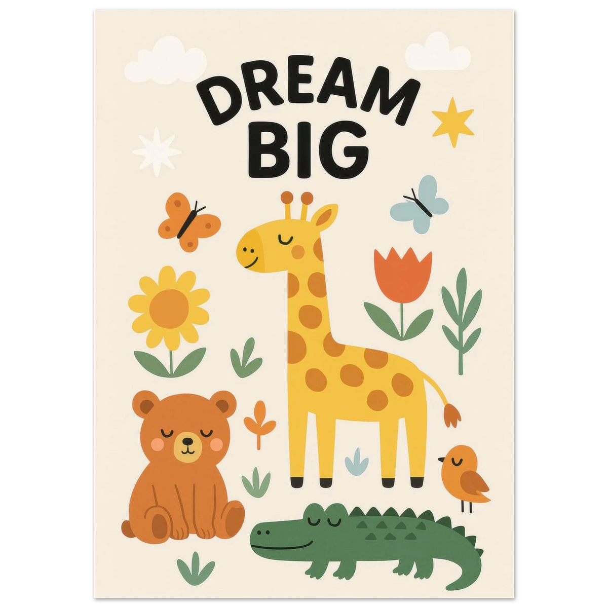 Safari Friends 'Dream Big' Kids Poster - Adorable Nursery Wall Art in Multiple Sizes