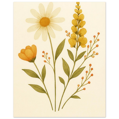 Vibrant Watercolor Wildflowers Print – Daisy, Berries & Botanical Art in Warm Hues