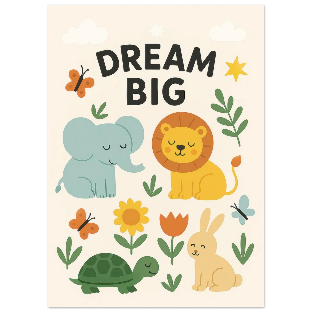 Dream Big Nursery Art Print - Whimsical Safari Animals & Uplifting Quote for Kids' Room Decor