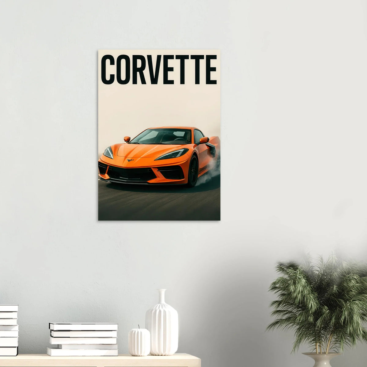 Corvette Stingray Sportbil Affisch: Ikonisk Orange Racing Konsttryck i Premiumkvalitet