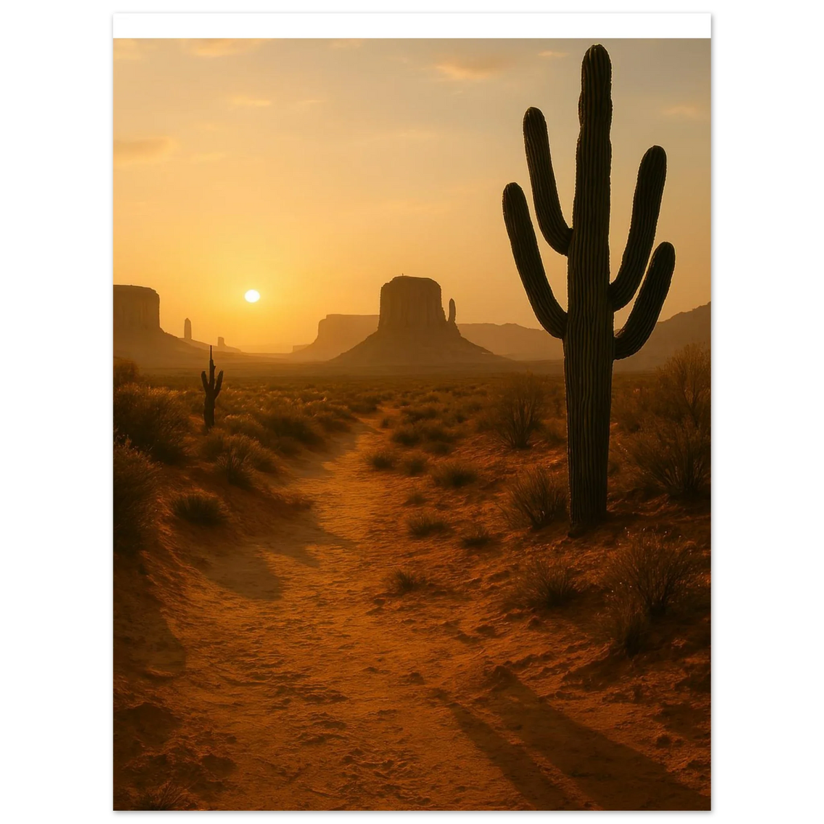 Desert Sunset Majesty: Vibrant Saguaro & Butte Landscape Poster in Multiple Sizes