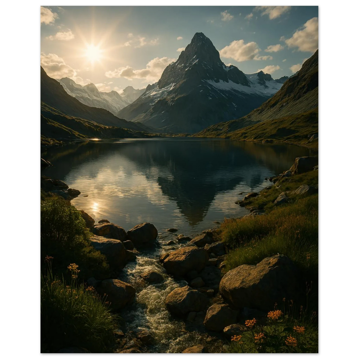 Alps Sunset Majesty: Serene Mountain Lake & Golden Light Poster in Various Sizes