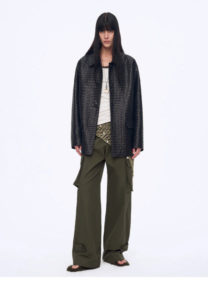 "Rembrandt Night" New Zealand imported lambskin perforated woven leather jacket spring