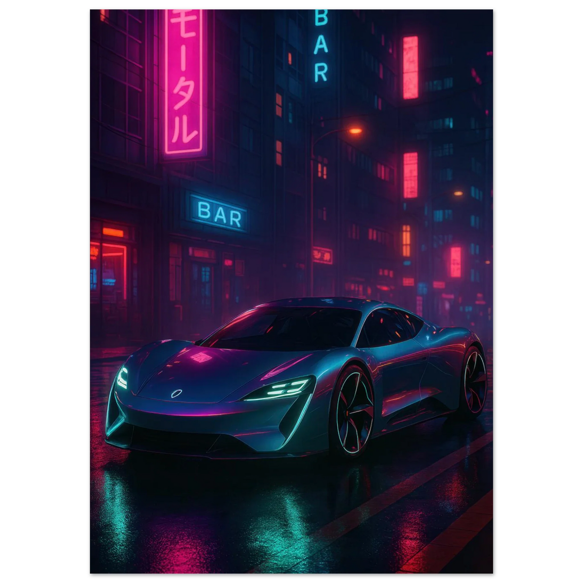 Neon Night Rider: Futuristic Car Street Art Print
