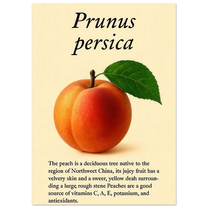 Frukter: Fresh Peach Botanical Art Print – Vibrant & Velvety 'Prunus persica' Poster in Your Choice of Sizes