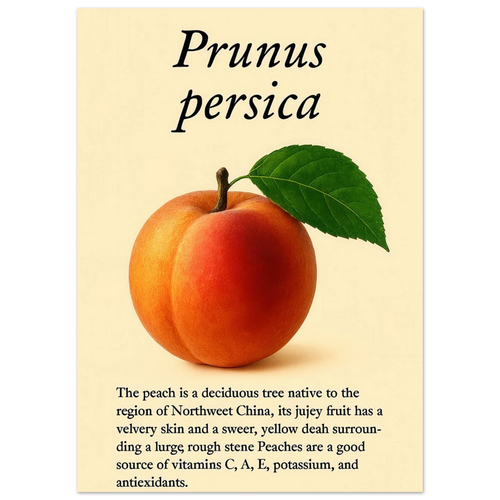 Frukter: Fresh Peach Botanical Art Print – Vibrant & Velvety 'Prunus persica' Poster in Your Choice of Sizes