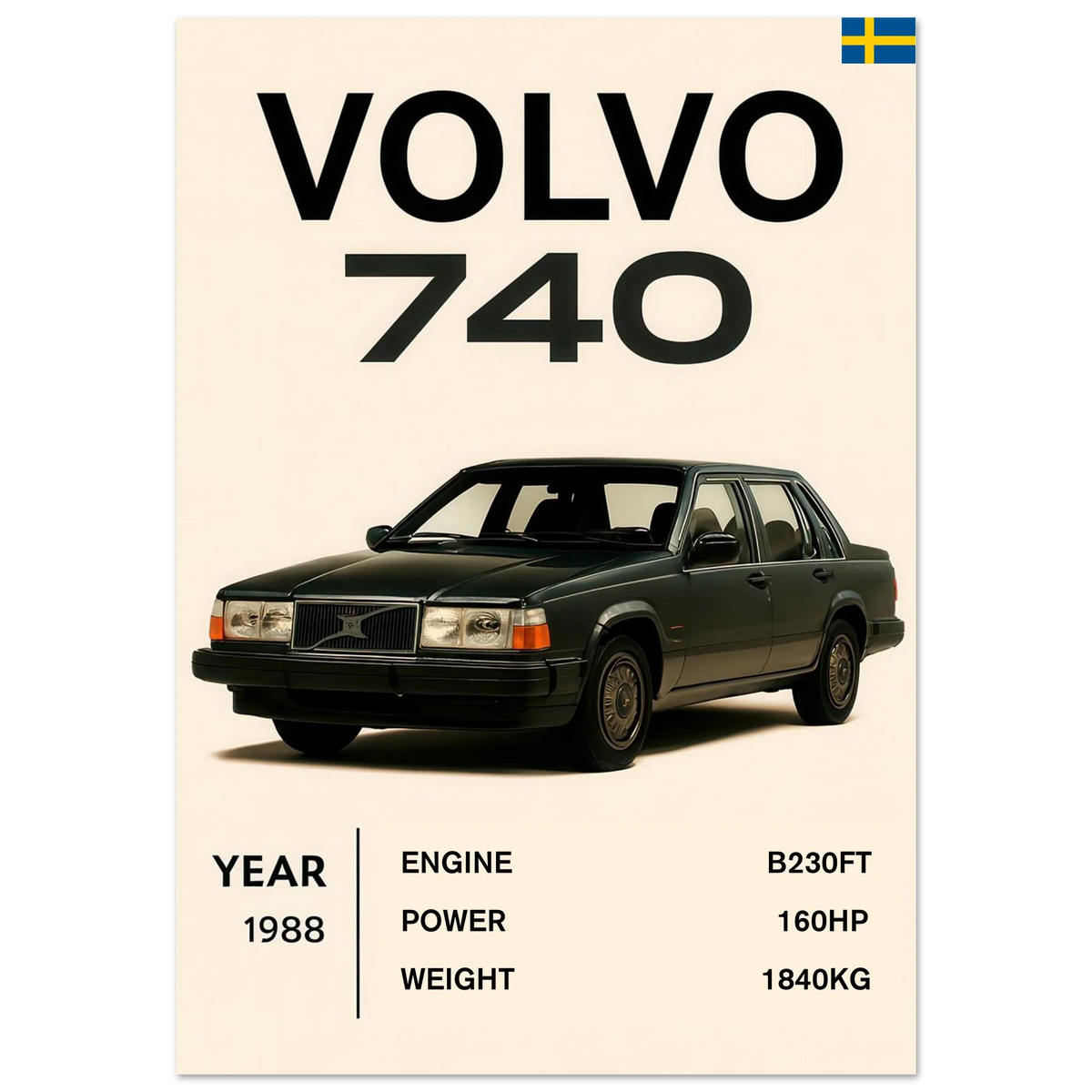 Volvo 740 Vintage Bilkonsttryck – Klassisk Skandinavisk Design Poster