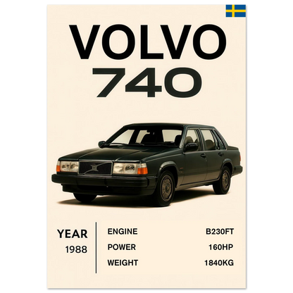 Volvo 740 Vintage Bilkonsttryck – Klassisk Skandinavisk Design Poster