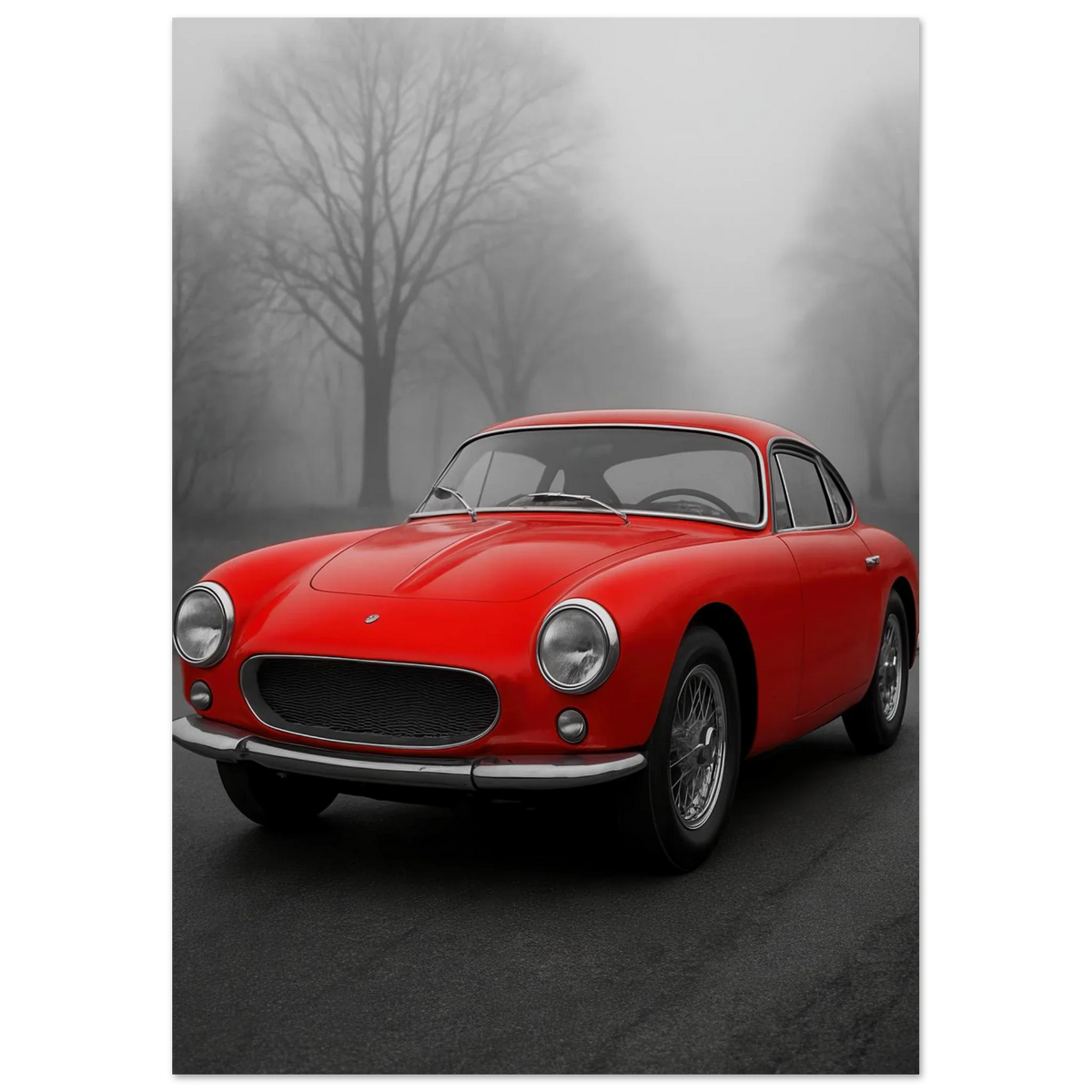 Bilar: Classic Red Sports Car Art Print – Captivating Mist Series, Available in Multiple Sizes