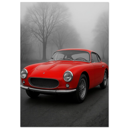 Bilar: Classic Red Sports Car Art Print – Captivating Mist Series, Available in Multiple Sizes