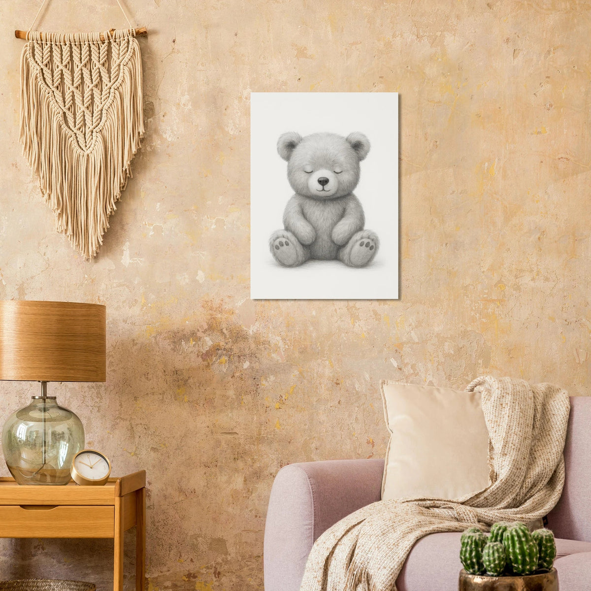 Sleepy Teddy Bear Sketch Art Print – Minimalist Nursery Decor Poster