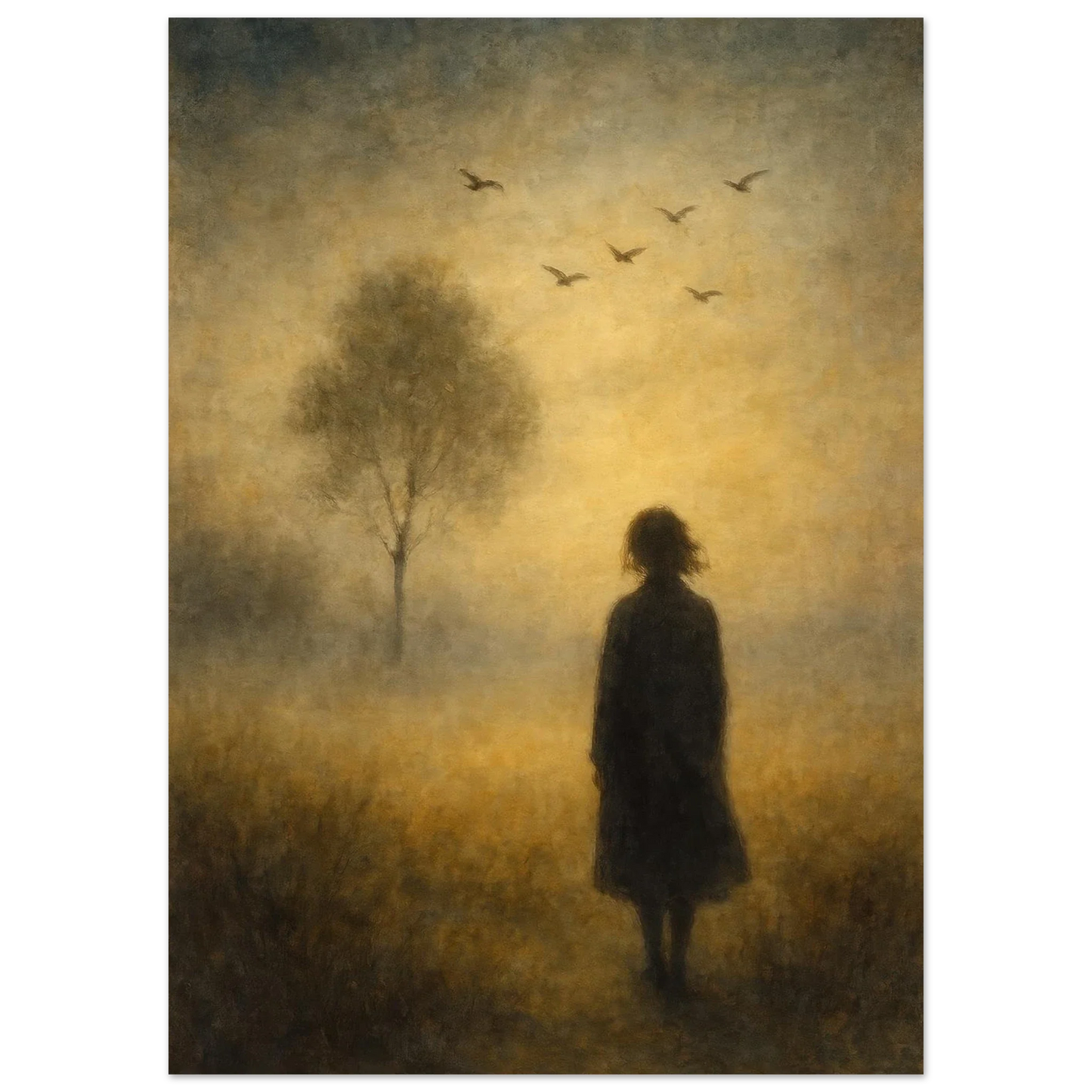Mystical Dawn Journey Art Print – Ethereal Landscape Poster with Solitary Figure and Birds