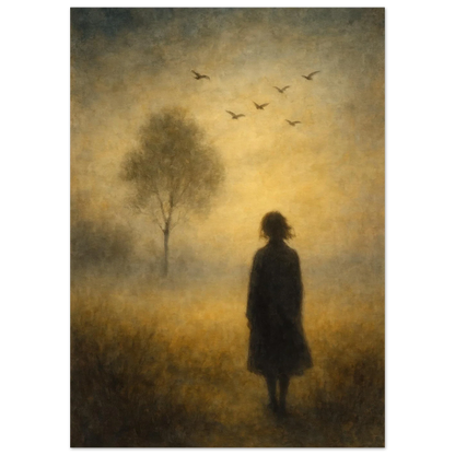 Mystical Dawn Journey Art Print – Ethereal Landscape Poster with Solitary Figure and Birds