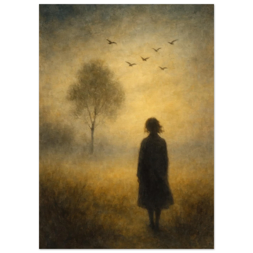 Mystical Dawn Journey Art Print – Ethereal Landscape Poster with Solitary Figure and Birds