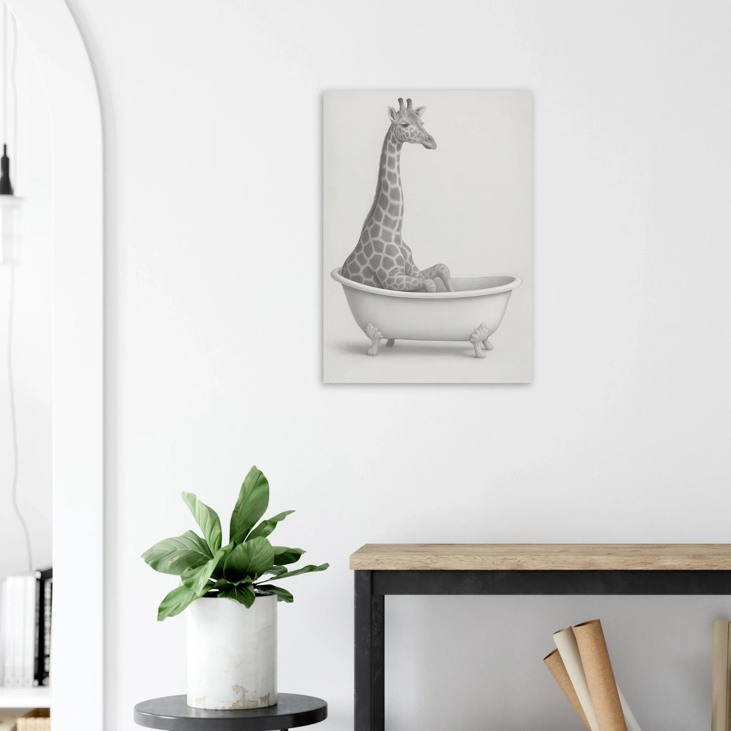 Charming Giraffe Bath Time Artistic Poster - Whimsical Sketch Art Print