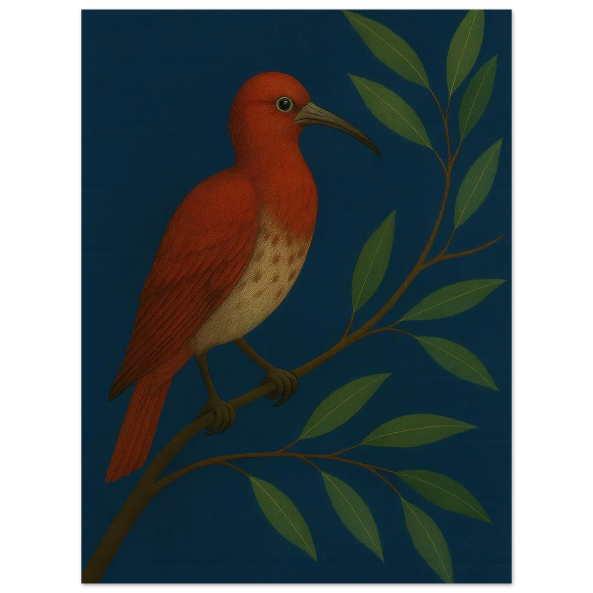 Djur: Vibrant Crimson Bird Art Print on Deep Teal Background, available in multiple sizes