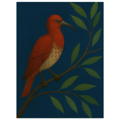 Djur: Vibrant Crimson Bird Art Print on Deep Teal Background, available in multiple sizes