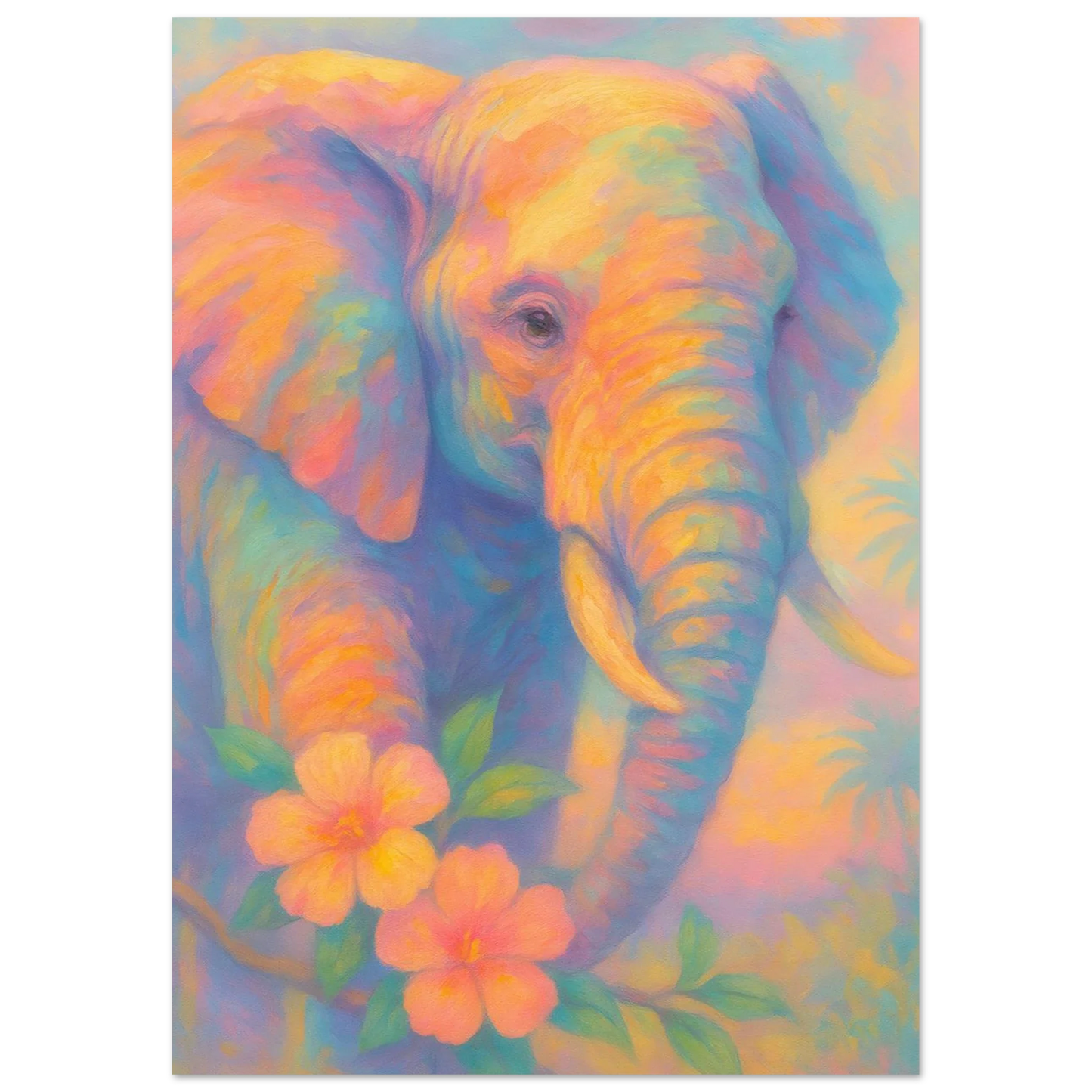 Pastell Safari Elefant Poster – Mjuk Konst i Regnbågens Färger, Välj Din Storlek