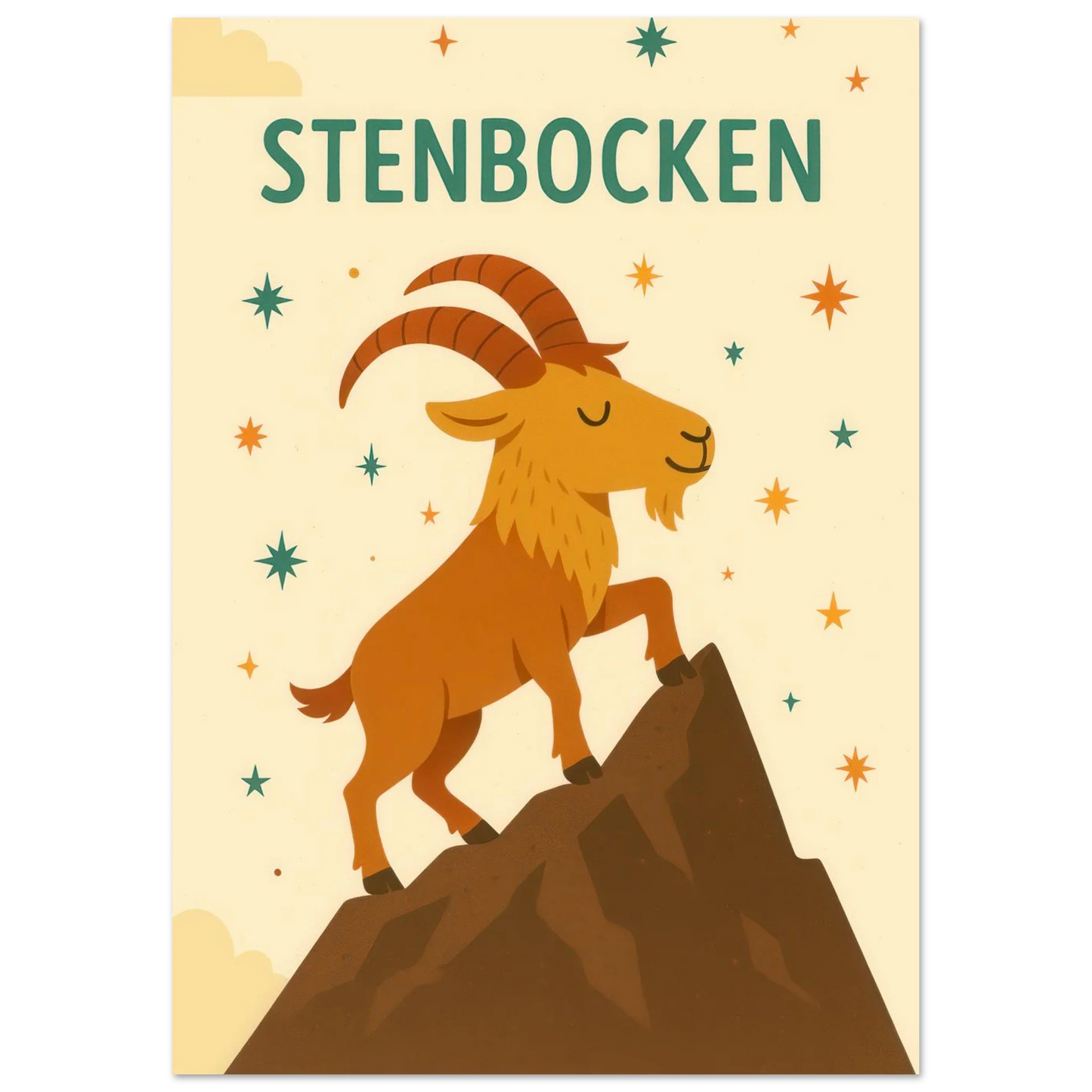 Stenbocken Zodiac Konsttryck: Charmigt Berggetmotiv på Premium Halvblankt Papper