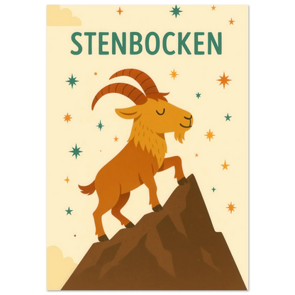 Stenbocken Zodiac Konsttryck: Charmigt Berggetmotiv på Premium Halvblankt Papper