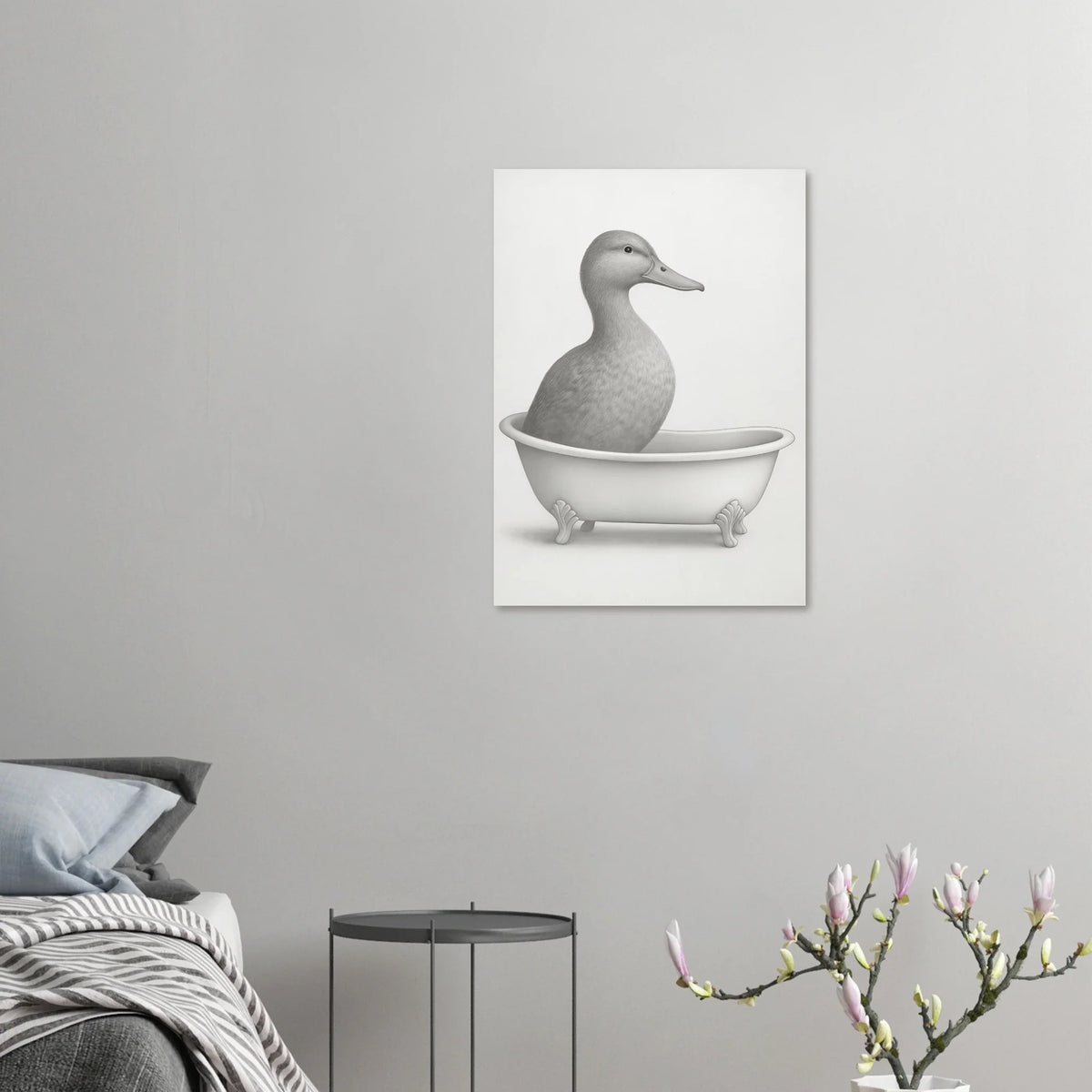 Charming Duck in Bathtub Pencil Sketch Art Print – Whimsical Wall Decor in Various Sizes