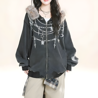 Plush-Collar Hooded Jacket