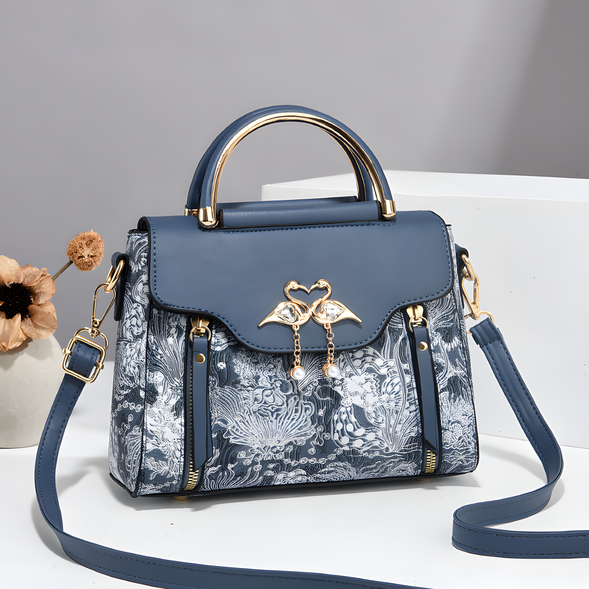 Bird-Charm Printed Shoulder Bag