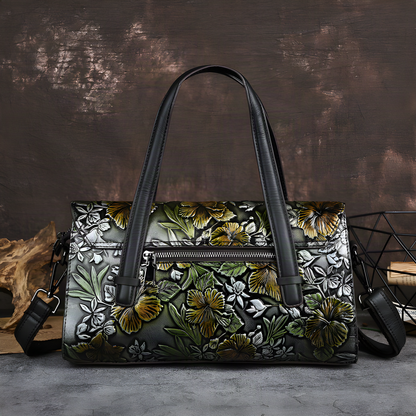 Embossed Floral Leather Shoulder Bag