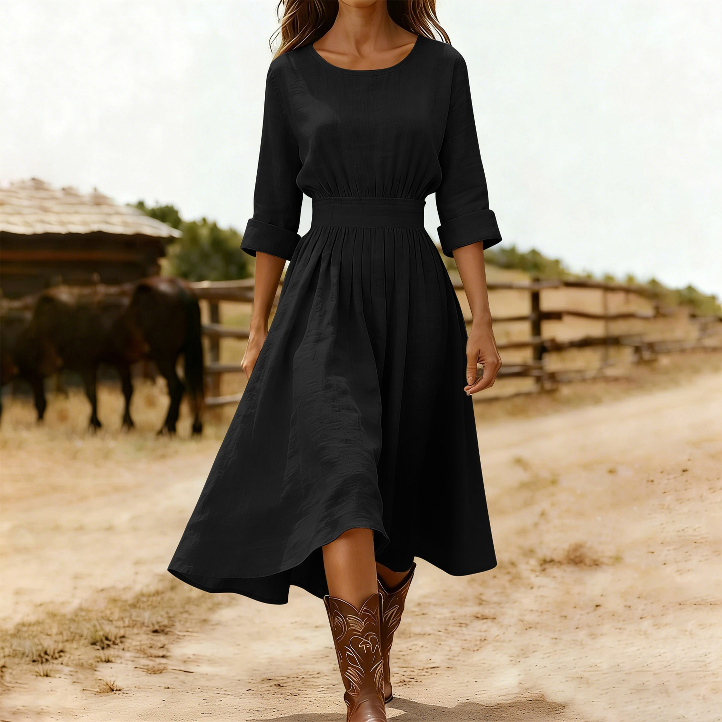 Long-Sleeve Cotton Blend Dress