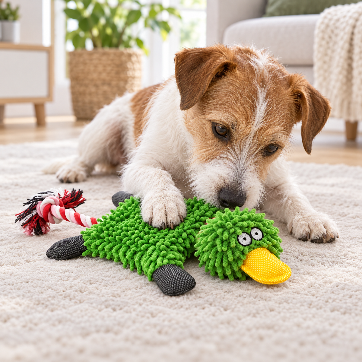Green Chenille Duck Dog Toy with Rope Tail