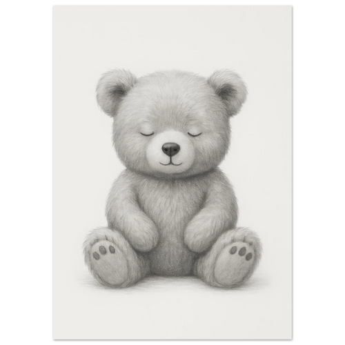 Sleepy Teddy Bear Sketch Art Print – Minimalist Nursery Decor Poster