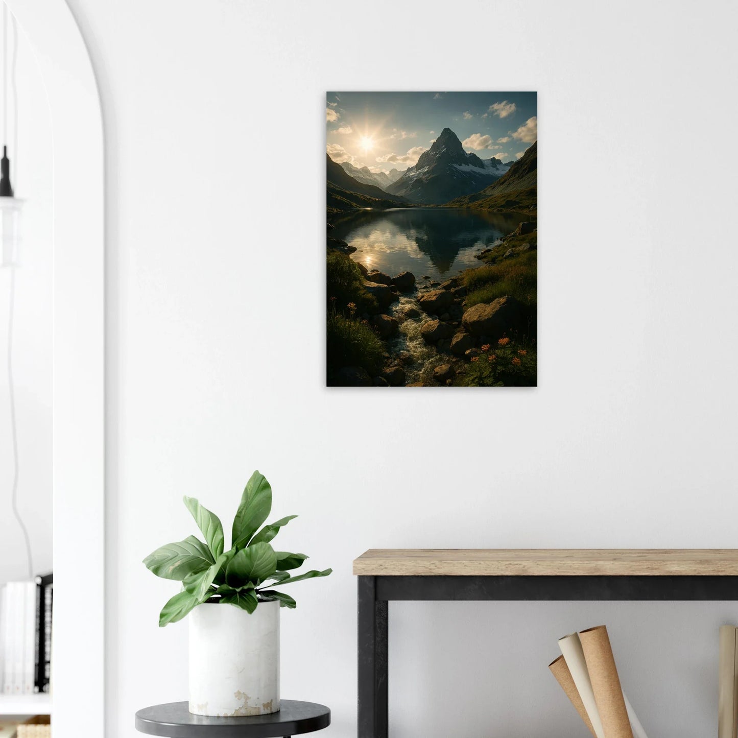 Alps Sunset Majesty: Serene Mountain Lake & Golden Light Poster in Various Sizes