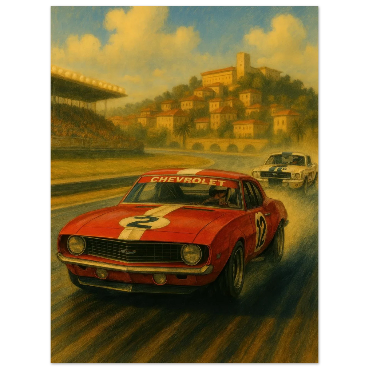 Vintage Race Day: Classic Red Sports Car Art Print – Bilar