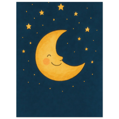 Smiling Crescent Moon & Stars Art Print – Whimsical Nursery & Kids Room Decor