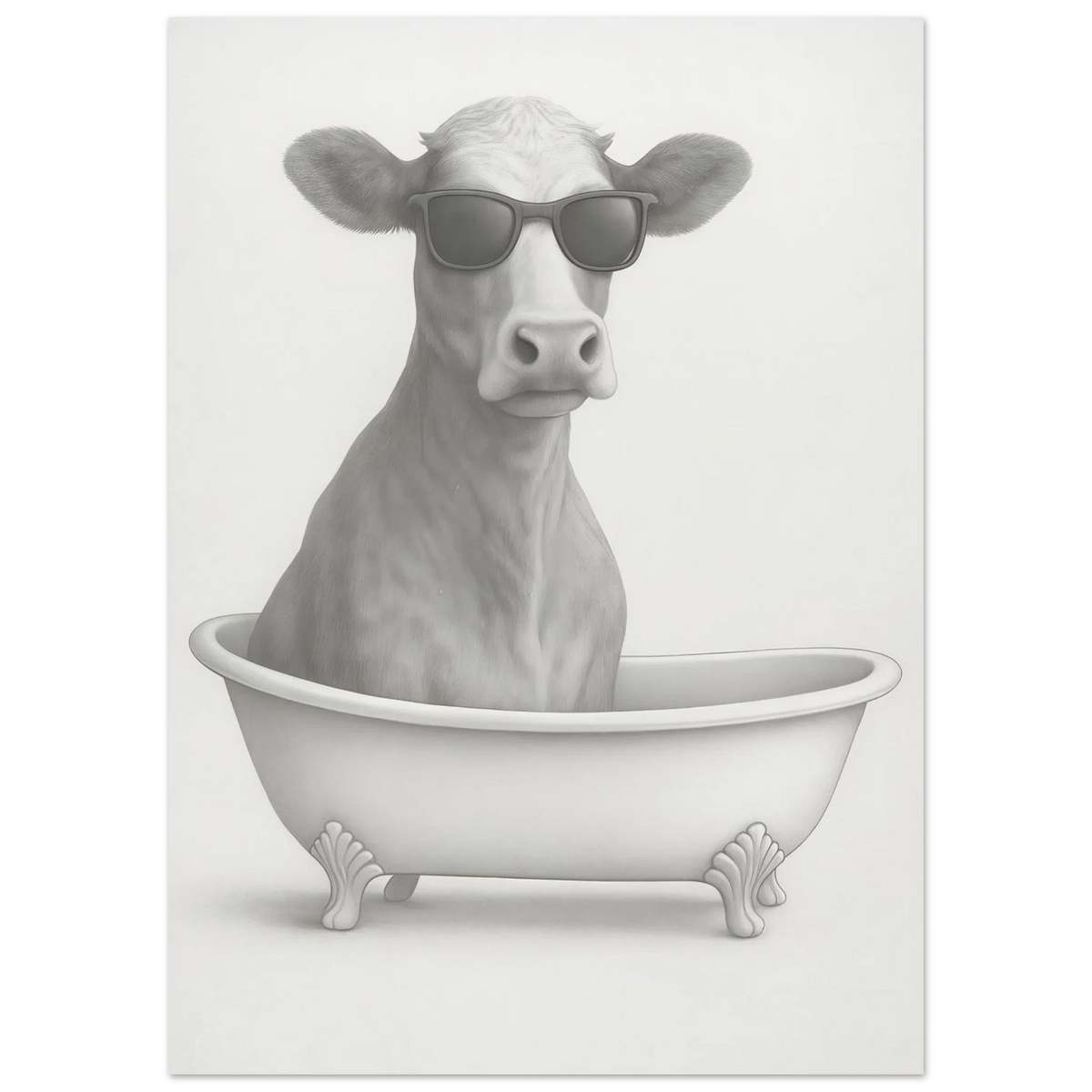 Cool Cow in Bathtub Art Print - Unique Pencil Drawing Poster