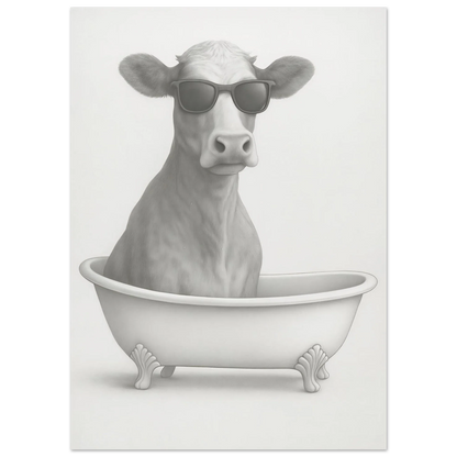 Cool Cow in Bathtub Art Print - Unique Pencil Drawing Poster