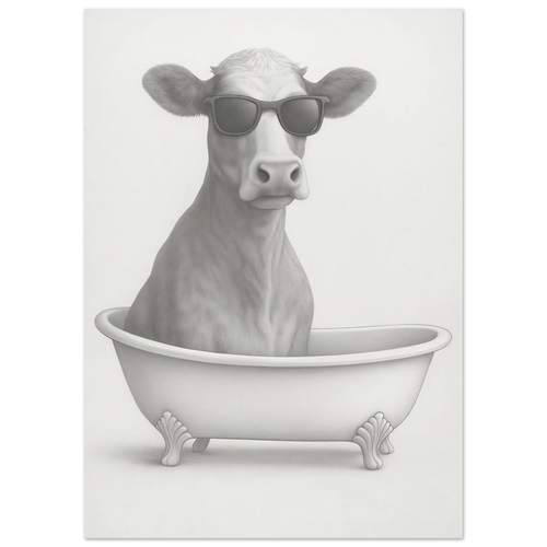 Cool Cow in Bathtub Art Print - Unique Pencil Drawing Poster