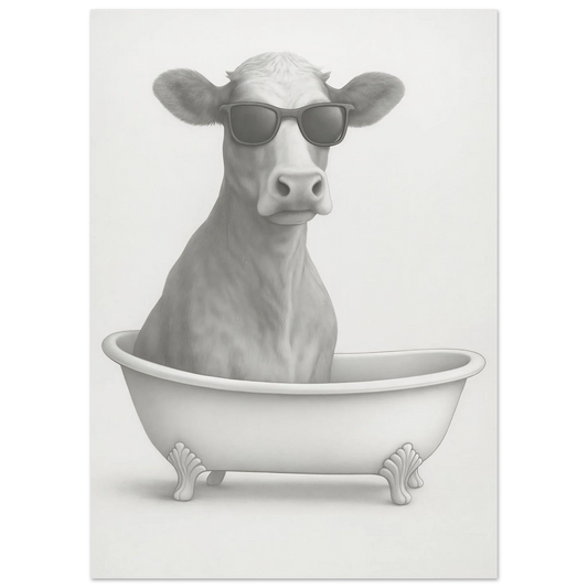 Cool Cow in Bathtub Art Print - Unique Pencil Drawing Poster