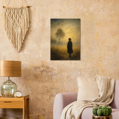 Mystical Dawn Journey Art Print – Ethereal Landscape Poster with Solitary Figure and Birds