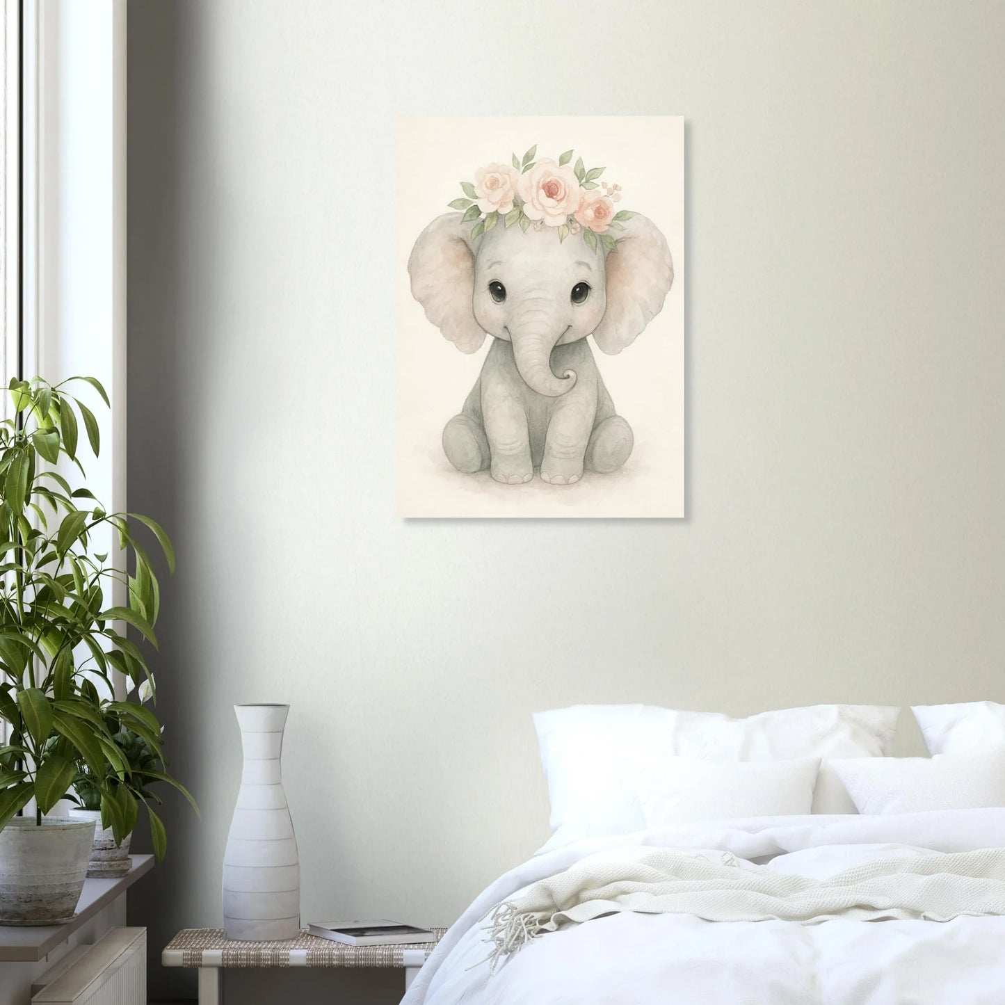 Söt Baby Elefant med Blomsterkrans – Akvarellkonsttryck för Barnrummet