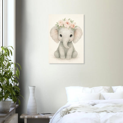 Söt Baby Elefant med Blomsterkrans – Akvarellkonsttryck för Barnrummet
