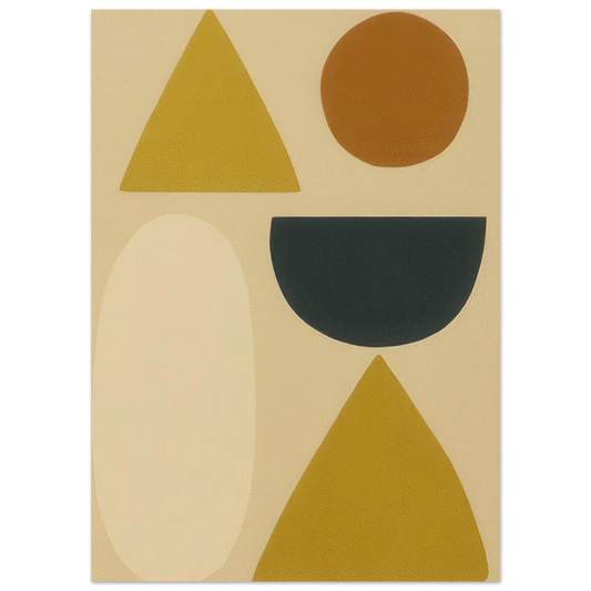 Abstrakt Minimalistisk Geometrisk Konsttryck – Gul, Svart & Rostfärgade Former på Halvblankt Premiumpapper