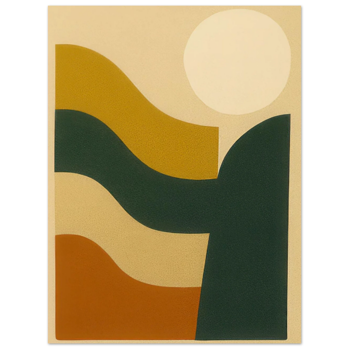 Abstrakt / Minimalistisk Solnedgång Poster – Moderna Vågor i Ockra, Skogsgrönt & Terrakotta, i Flera Storlekar